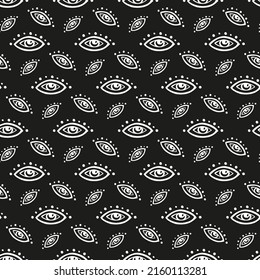Black and white witch print with eye. Pattern for mystical design of protective amulet from evil eye. Witch look. Divine gaze. Hand drawn vector abstract psychedelic illustration. Seamless background.