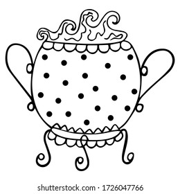 Black and white witchcraft theurgical witch cauldron with magical potion boiling in it. Isolated elegant mystical coloring doodle, decorated with circles. Ancient utensil. Cast iron pot. Vector.