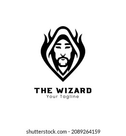 Black and white wizard head face mascot logo design