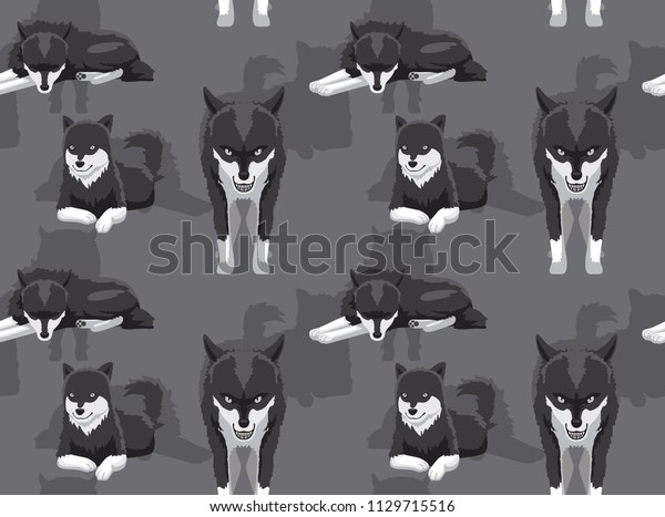 Black White Wolf Cartoon Background Seamless Stock Vector