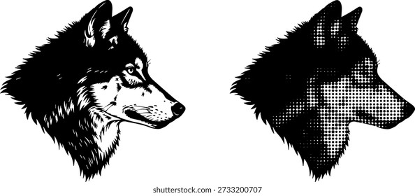 Black and white wolf head , in different styles