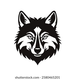 An Black and white wolf head icon looking straight to camera. Wolf head. Simple. 