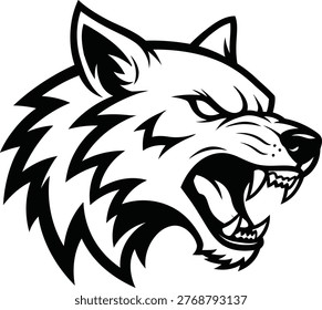 A black and white wolf head roaring intensely, showing its ferocity.