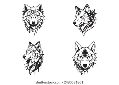 Black and white wolf head vector illustration logo set