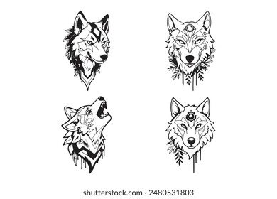 Black and white wolf head vector illustration logo set