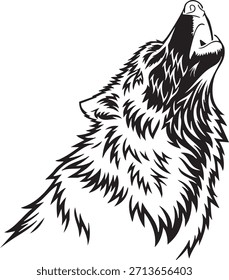 Un blanco y negro de un lobo aullando con pelaje detallado y agudo