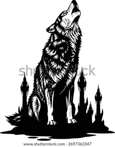 Black and White Wolf Howling on Rocky Mountain Peak - Silhouette Artwork