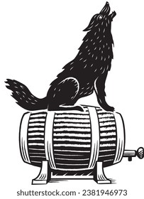 Black and white wolf howling and sitting on top of a wine barrel.