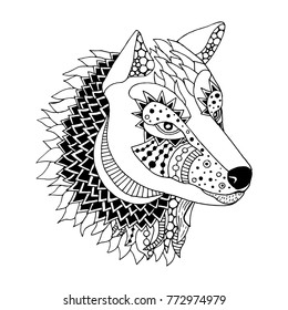 Black and white wolf illustration