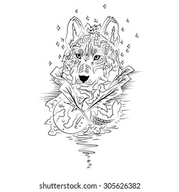 Black and white wolf isolated. Engraving sketch. Abstract vector wolf with moon. Print for t-shirt. Wild things.