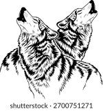 Black and White Wolf Silhouettes Howling Together in Synchronized Harmony