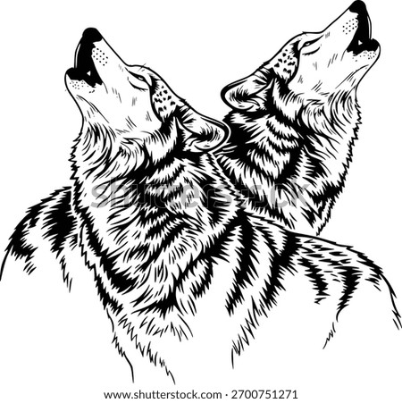 Black and White Wolf Silhouettes Howling Together in Synchronized Harmony