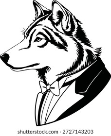 Preto e branco de um lobo em uma gravata de arco de smoking formal