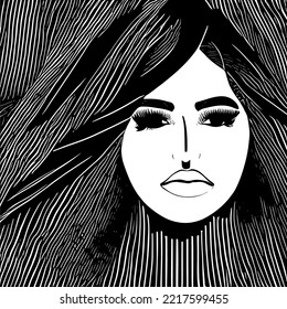 Black and white woman with abstract hair, detailed hair, fasion vector illustration 