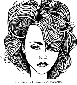 Black and white woman with abstract hair, detailed hair, fasion vector illustration 