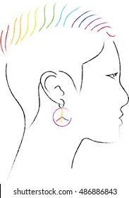 black and white woman head drawing with colorful hair style and peace symbol earring for printing