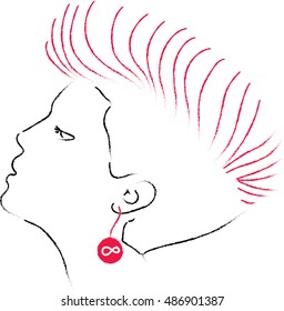 black and white woman head drawing with pink hair style and pink earring with eternity symbol for printing