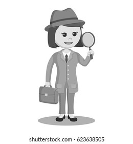 black and white woman spy holding brief case and magnifying glass  black and white style