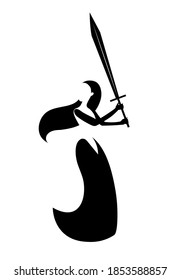 Black and white woman with sword. Vector drawing outline illustration.
