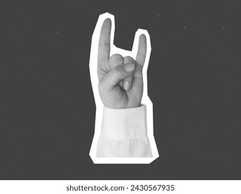 Black and white woman's hand in a white shirt shows horns gesture - element for collage. Vector illustration
