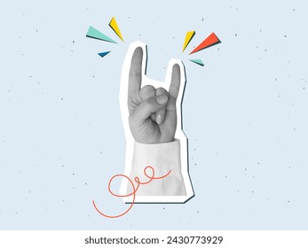 Black and white woman's hand in a white shirt shows horns gesture. Vector illustration in a modern collage style