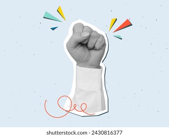 Black and white woman's hand in a white shirt shows fist. Vector illustration in a modern collage style