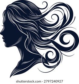 Black and white of a woman's head with flowing hair and floral patterns portrait