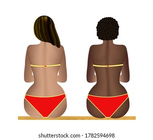 Black and white women in bathing suits are sitting on a wooden bench. Can be used as elements for your design. Vector illustration.