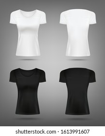 Black and white women's T-shirt mockup set from front and back view - realistic shirts with blank copy space for clothing design or company merchandise, vector illustration