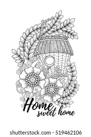 Black and white wood nesting boxes. Hand drawn outline bird houses decorated with floral ornament. Zentangle inspired pattern for coloring book pages for adults and kids, tattoo, poster. Boho style.