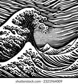 A black and white wood-cut style illustration of a ocean with a great frothy breaking wave.
