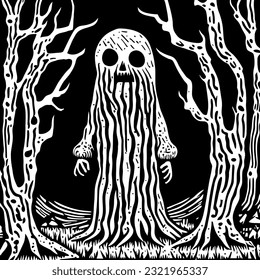 A black and white wood-cut style illustration of a creepy old forest with a ghoulish creature.
