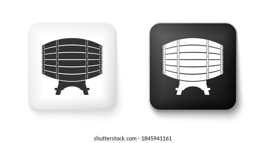 Black and white Wooden barrel on rack icon isolated on white background. Square button. Vector.