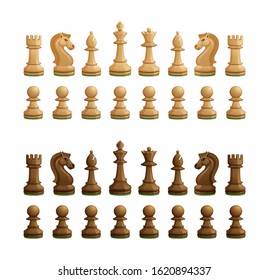 Black and white wooden chess pieces isolated on the white background. Set including the king, queen, bishop, knight, rook and pawns. Vector illustration for chess tournament, sport game, hobby.