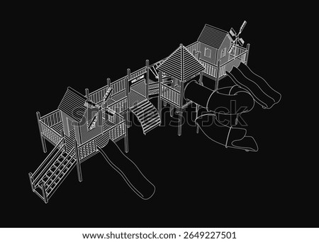 A black and white wooden playground structure features a central slide and multiple ladders leading to elevated platforms. The clean line drawing stands out against a solid black background.