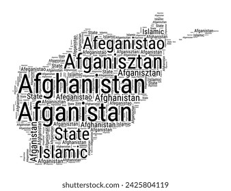 Black and white word cloud in Afghanistan shape. Simple typography style country illustration. Plain Afghanistan black text cloud on white background. Vector illustration.
