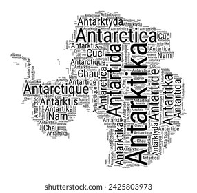 Black and white word cloud in Antarctica shape. Simple typography style country illustration. Plain Antarctica black text cloud on white background. Vector illustration.