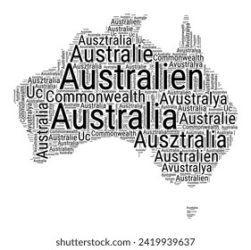 Black and white word cloud in Australia shape. Simple typography style country illustration. Plain Australia black text cloud on white background. Vector illustration.