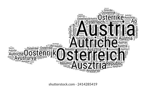 Black and white word cloud in Austria shape. Simple typography style country illustration. Plain Austria black text cloud on white background. Vector illustration.