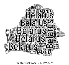 Black and white word cloud in Belarus shape. Simple typography style country illustration. Plain Belarus black text cloud on white background. Vector illustration.