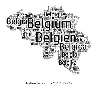 Black and white word cloud in Belgium shape. Simple typography style country illustration. Plain Belgium black text cloud on white background. Vector illustration.