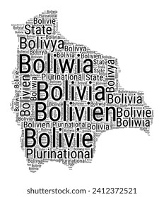 Black and white word cloud in Bolivia shape. Simple typography style country illustration. Plain Bolivia black text cloud on white background. Vector illustration.