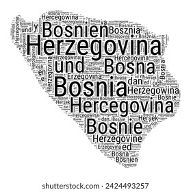 Black and white word cloud in Bosnia shape. Simple typography style country illustration. Plain Bosnia black text cloud on white background. Vector illustration.