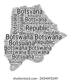Black and white word cloud in Botswana shape. Simple typography style country illustration. Plain Botswana black text cloud on white background. Vector illustration.