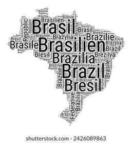 Black and white word cloud in Brazil shape. Simple typography style country illustration. Plain Brazil black text cloud on white background. Vector illustration.