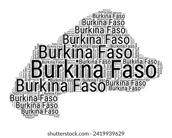 Nubes de palabras en blanco y negro en Burkina Faso. Ilustración de país de estilo tipográfico simple. Simple nube de texto negro de Burkina Faso sobre fondo blanco. Ilustración vectorial.