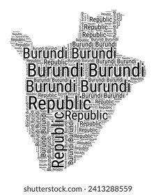 Nube de palabras en blanco y negro en Burundi. Ilustración de país de estilo tipográfico simple. La pura nube negra de Burundi sobre fondo blanco. Ilustración vectorial.