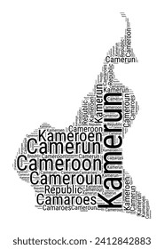 Black and white word cloud in Cameroon shape. Simple typography style country illustration. Plain Cameroon black text cloud on white background. Vector illustration.