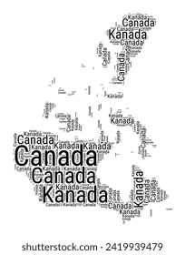 Black and white word cloud in Canada shape. Simple typography style country illustration. Plain Canada black text cloud on white background. Vector illustration.