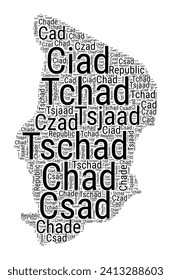 Black and white word cloud in Chad shape. Simple typography style country illustration. Plain Chad black text cloud on white background. Vector illustration.